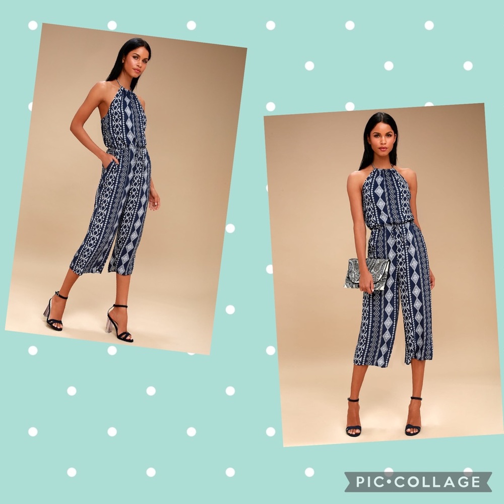 Sparrow Navy Blue Print Halter Jumpsuit